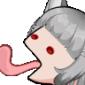 a pixel art drawing of a girl with horns and a long tongue sticking out of her mouth .