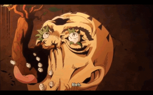 a close up of a cartoon character 's face with the word bleh written on it