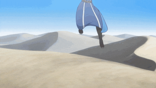 a girl with blue hair and a blue dress is standing in a desert