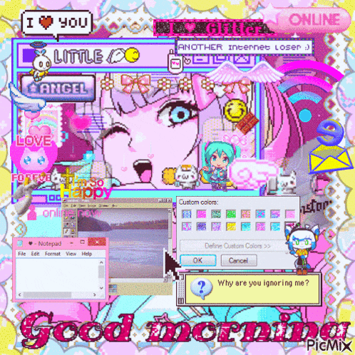 a pixel art collage with the words good morning