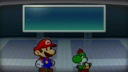 mario and yoshi are standing next to each other in front of a screen in a room .