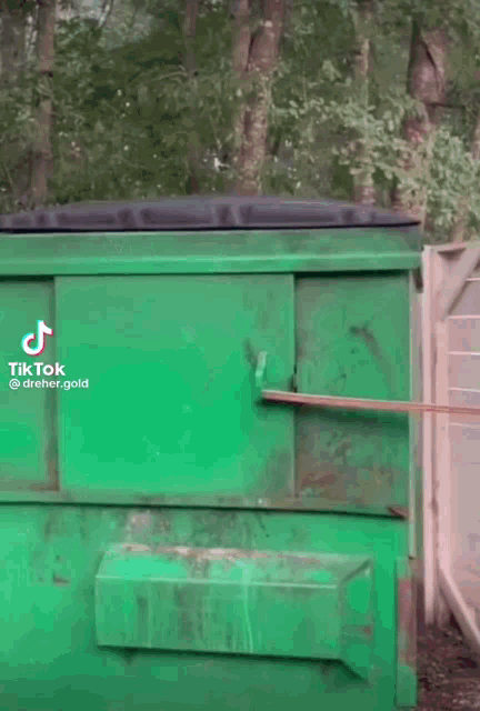 a raccoon is sticking its head out of a green dumpster .