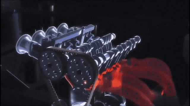 a computer generated image of a car engine with red flames