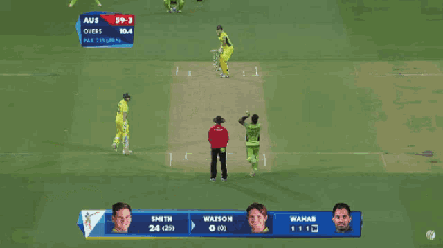 a cricket game is being played between australia and pakistan and the score is 59 to 3