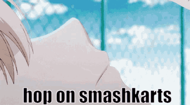 a picture of a person with the words hop on smashkarts