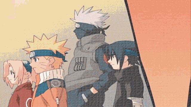 a group of anime characters including naruto and sasuke are standing together
