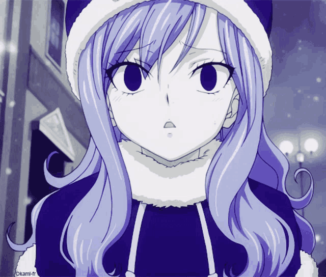 a girl with purple hair is wearing a sweater and hat