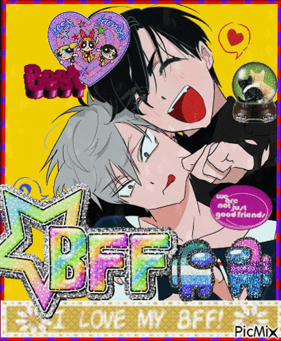 a picture of two anime characters with the words " i love my bff "