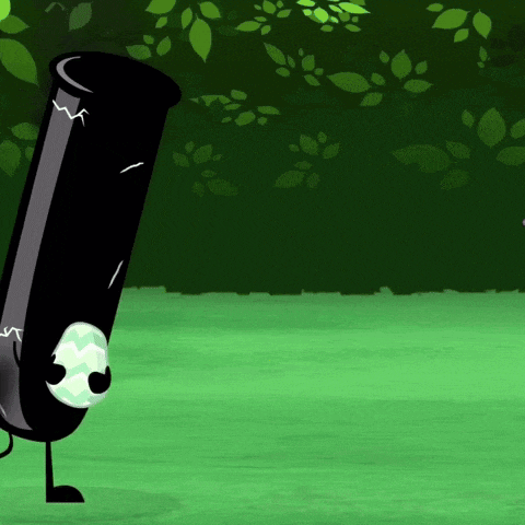a black tube with a face and arms is standing in the grass