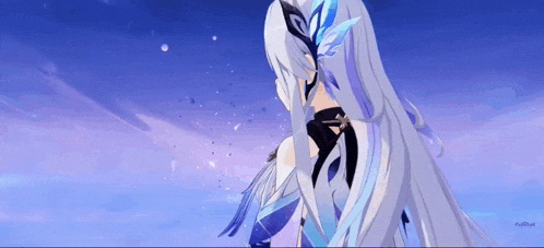 a girl with long white hair and blue feathers is standing in the sky .