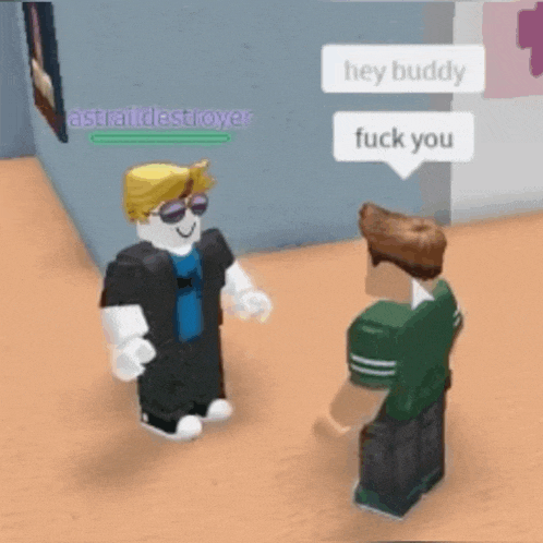 a roblox character is standing next to another roblox character and talking to them .