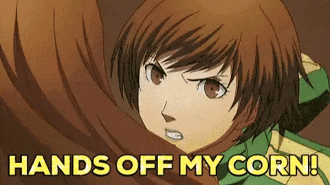 a cartoon of a girl screaming hands off my corn !