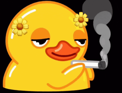 a yellow rubber duck with a flower on its head smoking a cigarette