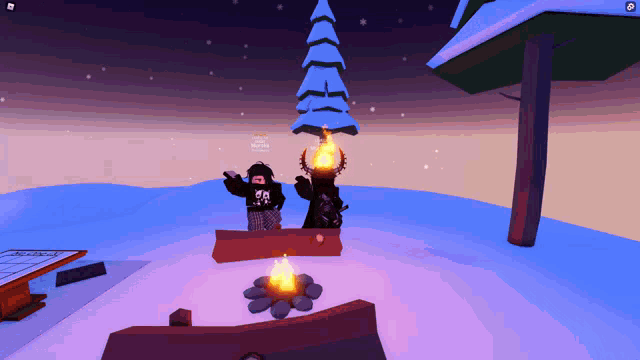 a screenshot of a video game shows a person standing next to a fire with a flame coming out of it