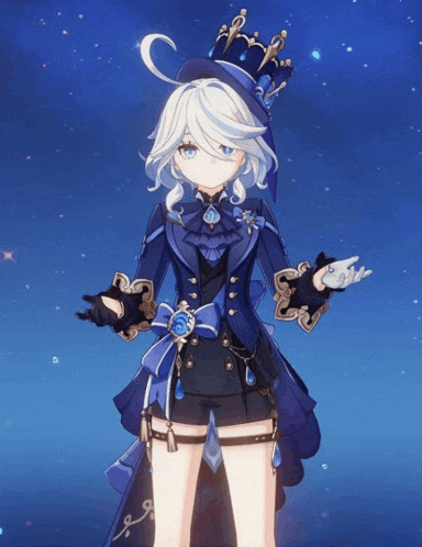 a girl with white hair is wearing a blue hat and gloves