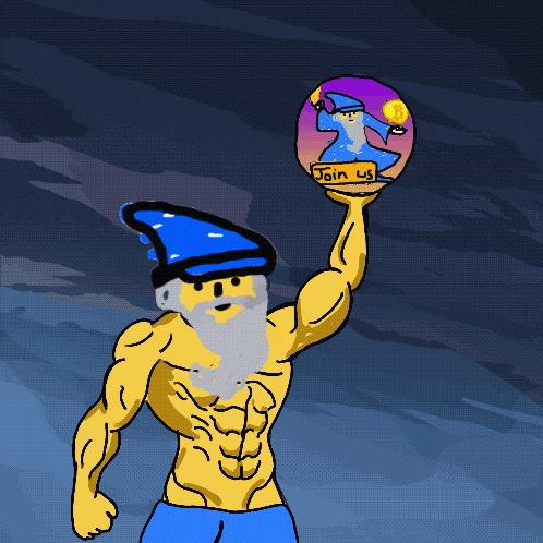 a cartoon of a man with a beard holding a ball that says join us