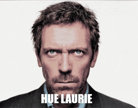 a close up of a man 's face with the words hue laurie below it