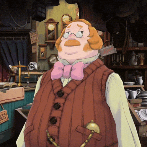 a man with glasses and a pink bow tie is standing in a room with clocks
