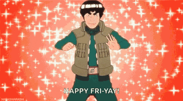 a cartoon character says happy fri-yay on a red background with stars