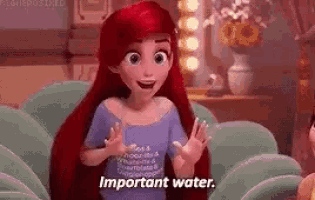 ariel from the little mermaid is sitting on a couch wearing a purple shirt and saying `` important water '' .