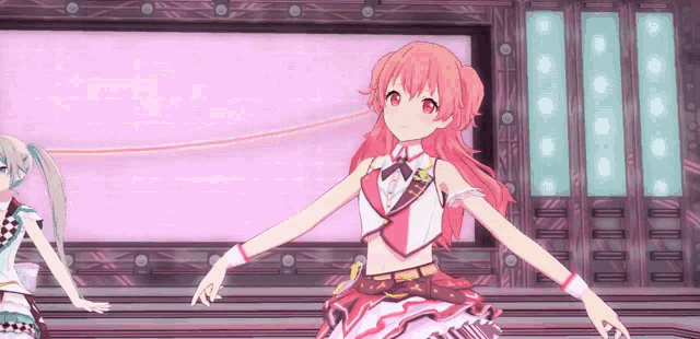a girl with pink hair is dancing on a stage in a video game