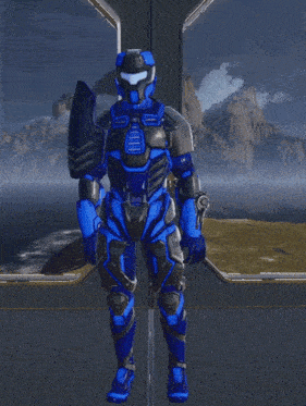 a man in a blue and black armor stands in front of a window