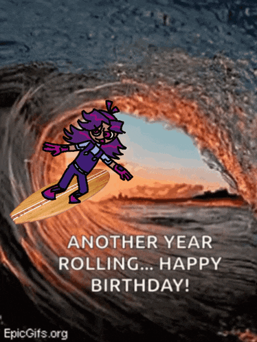 a cartoon character is riding a wave on a surfboard with the words " another year rolling happy birthday "