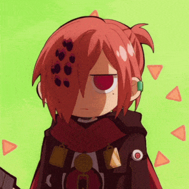 a cartoon character with red hair and a red eye is wearing a black hoodie