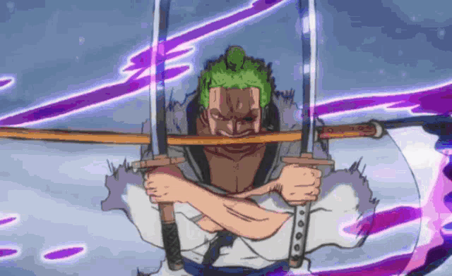 a man with green hair is holding two swords in front of his face .
