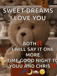 a teddy bear says sweet dreams i love you both i will say it one more time good night to youu and chris