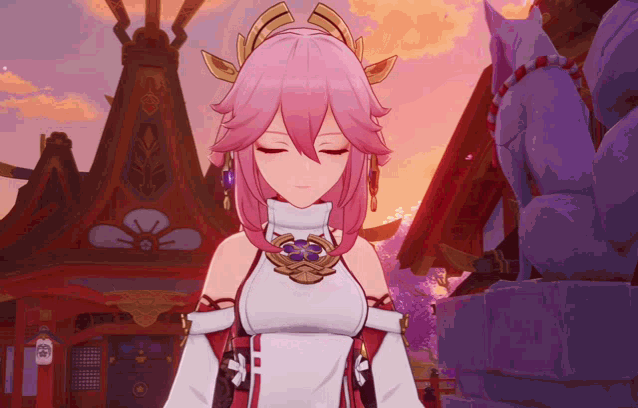 a pink haired anime girl with her eyes closed in front of a building
