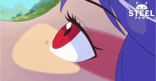a close up of a person 's eye with a stella paws logo behind it
