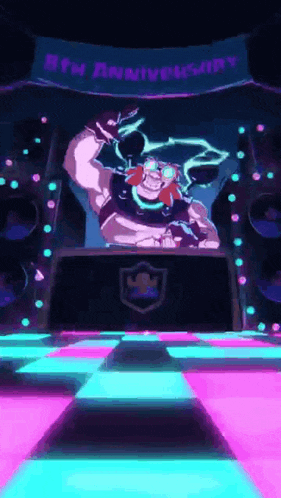 a cartoon character is dancing on a stage with a banner that says 5th anniversary .