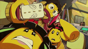 a group of cartoon characters taking a selfie with a cell phone
