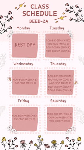 a class schedule for beed-2a is shown with flowers on it