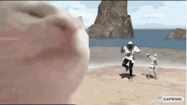 a man and a woman are dancing on a beach in front of a large rock .