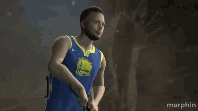 a golden state warriors player holds a sword