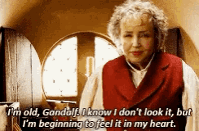 a woman in a red vest is standing in front of a door and talking to gandalf from the lord of the rings .