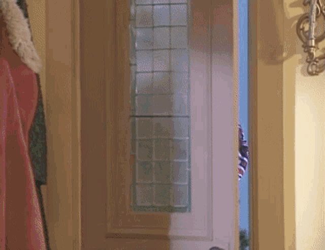 a person in a santa claus costume is standing in front of a door with stained glass .