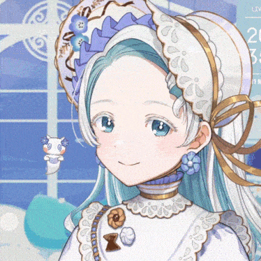 a drawing of a girl with blue hair and a white hat