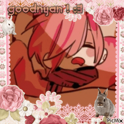 a picture of a girl with pink hair is surrounded by flowers