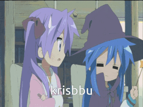 two anime girls are standing next to each other and krisbbu is written in the corner