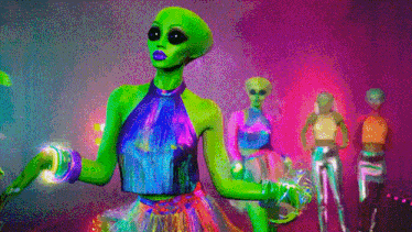 a group of aliens are dancing together in a neon room .