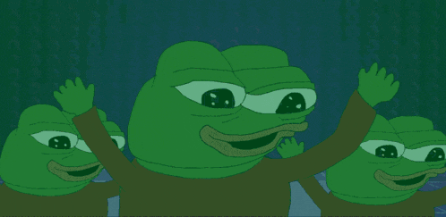 three frogs wearing red sweaters are dancing on a pink background