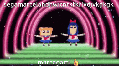 a couple of cartoon characters are dancing in front of a pink rainbow .