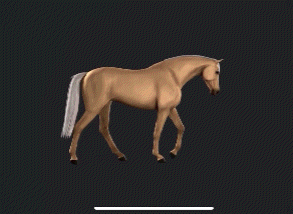 a horse with a white tail is walking on a dark background