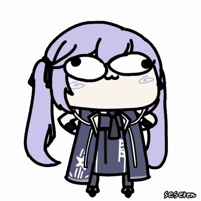 a cartoon drawing of a girl with purple hair and the word seseren on the bottom