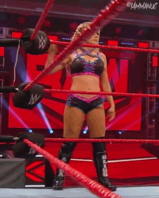 a woman is standing in a wrestling ring with a boxing glove on her head .