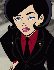 a cartoon woman in a black suit and tie