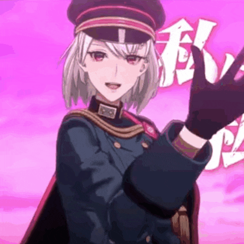 a girl in a military uniform is waving at the camera .